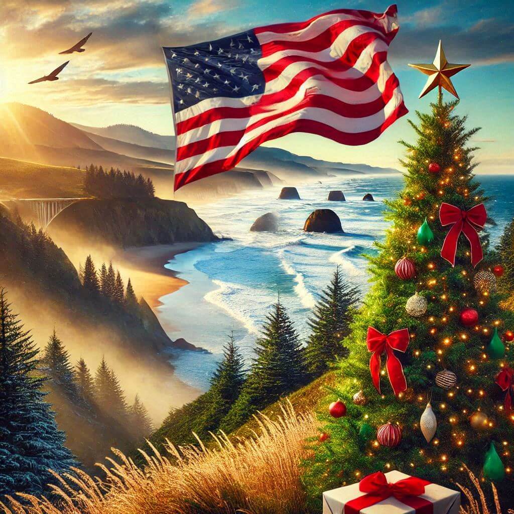 US Flag waving in the wind with a Christmas tree and an Oregon Coast landscape